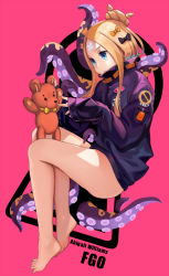 Rule 34 | 1girl, abigail williams (fate), abigail williams (traveling outfit) (fate), alternate hairstyle, bandaid, bandaid on face, bandaid on forehead, barefoot, belt, black bow, black jacket, blonde hair, blue eyes, blush, bow, character name, fate/grand order, fate (series), feet, forehead, hair bow, hair bun, heroic spirit traveling outfit, high collar, holding, holding stuffed toy, jacket, keyhole, legs, long hair, looking at viewer, official alternate costume, orange bow, parted bangs, pink background, polka dot, polka dot bow, simple background, single hair bun, sleeves past wrists, solo, stuffed animal, stuffed toy, teddy bear, tentacles, thighs, toes, wuguno ziran juan