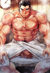 Rule 34 | 1boy, abs, armpit hair, armpit hair peek, bar censor, bara, black hair, blush, censored, chest hair, feet out of frame, foreskin, half-erect, highres, large pectorals, large penis, male focus, mature male, muscular, muscular male, naked towel, navel hair, nipples, one eye closed, original, pectorals, penis, sauna, short hair, sideburns, sitting, solo, sparse stubble, steam, suamaru, sweat, testicle hair, testicles, thick eyebrows, topless male, towel, towel around waist, white towel, wooden wall