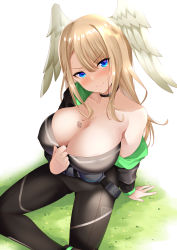 Rule 34 | 1girl, areola slip, black bodysuit, blonde hair, blue eyes, bodysuit, bodysuit pull, breast tattoo, breasts, commentary request, daive, eunie (xenoblade), green hoodie, head wings, highres, hood, hoodie, large breasts, medium hair, naughty face, smile, solo, tattoo, teasing, wings, xenoblade chronicles (series), xenoblade chronicles 3