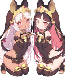 Rule 34 | 2girls, animal ears, bare shoulders, black dress, black gloves, black hair, black legwear, blade (galaxist), bridal gauntlets, cat ears, cat girl, cat tail, character request, closed mouth, commentary request, covered navel, dark-skinned female, dark skin, dress, fingerless gloves, gloves, hands up, kneeling, long hair, looking at viewer, multicolored hair, multiple girls, nekoyama nae, open mouth, paw pose, pink hair, short eyebrows, single glove, sleeveless, sleeveless dress, tail, thick eyebrows, toeless legwear, toranoana, two-tone hair, very long hair, virtual youtuber, white background, white hair