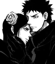 Rule 34 | 1boy, 1girl, coat, eyeshadow, flower, gloves, hair flower, hair ornament, hand on another&#039;s face, harakara12, high collar, konan (naruto), labret piercing, looking at another, lowres, makeup, monochrome, naruto (series), naruto shippuuden, short hair, spiked hair, uchiha obito