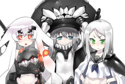 Rule 34 | 10s, 3girls, abyssal ship, aged down, anchorage princess, bad id, bad pixiv id, blue eyes, bodysuit, cape, colored skin, dress, elbow gloves, eyebrows, gengorou, gloves, green eyes, grey hair, hands on own hips, kantai collection, machinery, midriff, monster, multiple girls, navel, open mouth, pale skin, personification, red eyes, sailor dress, ta-class battleship, turret, white hair, white skin, wo-class aircraft carrier