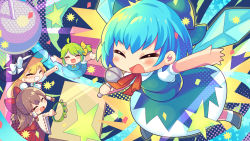 Rule 34 | 4girls, :d, ^ ^, absurdres, ahoge, arm up, black footwear, black headwear, black vest, blue bow, blue hair, blue skirt, blue vest, blush, bow, brooch, brown hair, chibi, cirno, clenched hand, closed eyes, daiyousei, detached sleeves, facing viewer, full body, green hair, grin, hair bow, hakurei reimu, hat, hat bow, highres, holding, holding instrument, holding microphone, ice, ice wings, ikari (aor3507), instrument, jewelry, kirisame marisa, long hair, long sleeves, microphone, multiple girls, neck ribbon, open mouth, outstretched arm, puffy short sleeves, puffy sleeves, red bow, red ribbon, red skirt, ribbon, ribbon-trimmed sleeves, ribbon trim, shirt, shoes, short hair, short sleeves, side ponytail, sidelocks, skirt, skirt set, smile, socks, star (symbol), tambourine, touhou, triangle, vest, white bow, white legwear, white shirt, wide sleeves, wings, witch hat, yellow ribbon