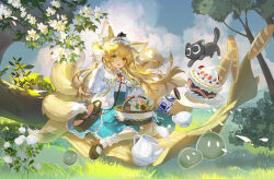 Rule 34 | 1girl, absurdres, animal ear fluff, animal ears, arknights, bag, basket, black footwear, blanket, blonde hair, blue hairband, bread, brown bag, cake, cardigan, cloud, commentary request, creature on head, cup, day, floating hair, flower, food, fox ears, fox girl, fox tail, frilled hairband, frills, full body, grass, green eyes, hairband, handbag, heixiu, highres, holding, holding basket, incredibly absurdres, jar, long hair, long sleeves, looking at viewer, luo xiaohei, luo xiaohei zhanji, mary janes, momodacat, moss, multiple tails, open mouth, outdoors, plate, rose, shirt, shoes, sky, socks, solo, sunflower, suzuran (arknights), suzuran (spring praise) (arknights), tail, teacup, teapot, tree, weibo logo, white cardigan, white flower, white rose, white shirt, white socks, yellow flower