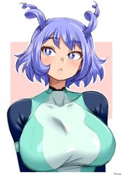 Rule 34 | 1girl, artist name, blue bodysuit, blue eyes, blue hair, blush, bodysuit, boku no hero academia, breasts, collarbone, covered collarbone, hadou nejire, highres, large breasts, looking to the side, short hair, simmsy, simple background, solo