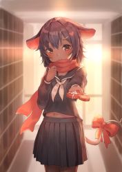 Rule 34 | 1girl, absurdres, animal ears, blush, bow, box, commission, dark skin, facial mark, hair ornament, hairclip, happy valentine, heart-shaped box, highres, indie virtual youtuber, kyon (kyouhei-takebayashi), looking at viewer, md5 mismatch, midriff, mouse ears, mouse girl, mouse tail, pantyhose, purple hair, red eyes, resolution mismatch, scarf, school uniform, short hair, source smaller, tail, valentine, virtual youtuber, yatra (vtuber)