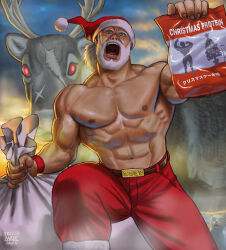 Rule 34 | 1boy, 2022, bag, beard, belt, blue eyes, cat, christmas, commentary, english text, facial hair, glowing, glowing eye, hat, holding, holding bag, looking at viewer, male focus, matataku, muscular, muscular male, navel, nose, old, old man, open mouth, original, pants, red eyes, red pants, reindeer, running, santa claus, santa hat, shouting, surprised cat (matataku), topless male, translated, veins, veiny arms, whey protein powder, white cat, white hair