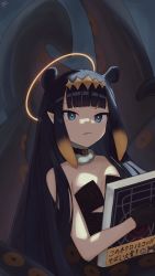 Rule 34 | 1girl, absurdres, black dress, black gloves, black hair, blue background, blue eyes, book, choker, dress, gloves, hairband, halo, highres, holding, hololive, hololive english, long hair, looking at viewer, mole, mole under eye, ninomae ina&#039;nis, ninomae ina&#039;nis (1st costume), niokai, non-web source, pointy ears, strapless, strapless dress, tentacles, virtual youtuber