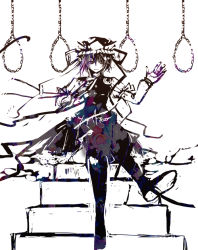 Rule 34 | 1girl, bad id, bad pixiv id, female focus, hat, kodatino, noose, partially colored, rod of remorse, shiki eiki, short hair, sitting, sitting on stairs, solo, stairs, thighhighs, touhou, white background