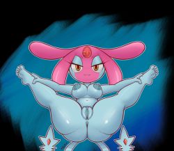 Rule 34 | 1girl, :3, ass, bare legs, barefoot, black background, blue background, breasts, closed mouth, completely nude, creatures (company), feet, full body, game freak, gen 4 pokemon, gluteal fold, highres, huge ass, legendary pokemon, legs, looking at viewer, lying, medium breasts, mellojellowo, mesprit, navel, nintendo, nipples, nude, on back, pokemon, pokemon (creature), smile, soles, solo, spread legs, thick thighs, thighs, toes, yellow eyes