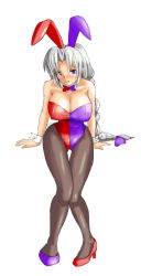 Rule 34 | 1girl, blue eyes, blush, bow, bowtie, braid, breasts, cleavage, female focus, grey pantyhose, high heels, jingoro, large breasts, leotard, long hair, open mouth, pantyhose, playboy bunny, red leotard, shoes, silver hair, sitting, smile, solo, touhou, very long hair, wrist cuffs, yagokoro eirin