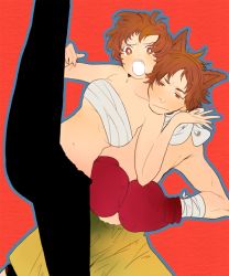 Rule 34 | 1boy, 1girl, :/, animal ears, atlus, bad id, bad pixiv id, bandages, bare shoulders, boxing gloves, breasts, brown eyes, brown hair, couple, dog ears, fangs, fighting stance, hanamura yousuke, hetero, kamimon, legs, looking at viewer, muscular, open mouth, pants, persona, persona 4, sarashi, satonaka chie, short hair, shorts, small breasts, sweatpants, tomboy