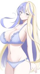 Rule 34 | 1girl, armpit crease, arms at sides, blonde hair, blue bra, blue hair, blue panties, blush, bra, breasts, cleavage, closed mouth, collarbone, commentary request, cowboy shot, facial mark, floating hair, grey eyes, groin, hair between eyes, highres, large breasts, long hair, looking at viewer, multicolored hair, navel, panties, senran kagura, senran kagura new link, sidelocks, simple background, solo, standing, stomach, suiren (senran kagura), surippa1010, two-tone hair, underwear, underwear only, very long hair, white background