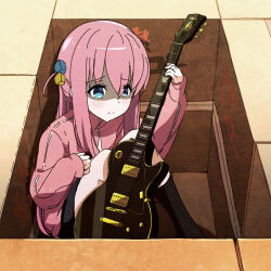 Rule 34 | 1girl, absurdres, blue eyes, bocchi the rock!, box, cardboard box, cube hair ornament, electric guitar, gotoh hitori, goumonsha, guitar, hair ornament, highres, in box, in container, instrument, jacket, knees up, long hair, pink hair, shaded face, sitting, solo, track jacket