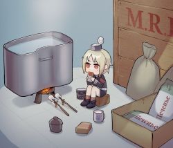 Rule 34 | 1girl, armband, blonde hair, brown eyes, brown legwear, can, candy, canned food, chibi, chocolate, chocolate bar, cooking, crate, cup, eating, field ration, fire, food, gegesenseilove, girls&#039; frontline, highres, marshmallow, mp40 (girls&#039; frontline), mug, russian text, sack, shoes, shorts, solo, stick