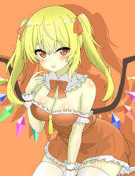 1girl absurdres blush breasts cleavage closed_mouth commentary crystal_wings dress flandre_scarlet frilled_dress frills highres large_breasts looking_at_viewer orange_background red_dress red_eyes shirokumall simple_background smile solo thighhighs touhou twintails white_thighhighs