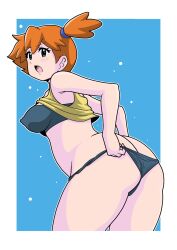 Rule 34 | 1girl, arm behind back, ass, back, bare arms, bare shoulders, blush, breasts, butt crack, creatures (company), female focus, game freak, gym leader, hair tie, highres, huge ass, koutarosu, legs, medium breasts, misty (pokemon), nintendo, nipples, nude, open mouth, orange hair, panties, pokemon, pokemon (anime), pokemon (classic anime), ponytail, shirt, simple background, sleeveless, solo, striped clothes, striped panties, tank top, thick thighs, thighs, underwear, white background, yellow shirt, yellow tank top
