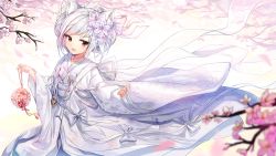 Rule 34 | 1girl, :d, azur lane, blurry, blurry background, blurry foreground, blush, bow, branch, commentary request, depth of field, double bun, fang, floral print, flower, hair bun, highres, japanese clothes, kimono, long hair, long sleeves, looking at viewer, obi, open mouth, pdxen, petals, pinching sleeves, pink flower, print kimono, red eyes, sash, side bun, silver hair, sleeves past wrists, smile, solo, very long hair, white bow, white kimono, wide sleeves, yukikaze (azur lane), yukikaze (the warmth of spring) (azur lane)