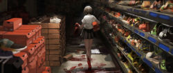 Rule 34 | 1girl, blood, blood on feet, blood on hands, blurry foreground, box, brown hair, cardboard box, facing away, from behind, highres, indoors, original, pleated skirt, sara manta, shirt, shoes, unworn shoes, short hair, short sleeves, skirt, solo, white shirt
