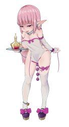 Rule 34 | 1girl, bad id, bad pixiv id, bdsm, bell, breasts, chain, collar, cuffs, elf, empty eyes, full body, highres, long hair, maid, nipples, original, pink hair, pointy ears, purple eyes, sex toy, slave, solo, thighhighs, tongue, tongue out, transparent background, tray, vibrator, yakou (4507770)