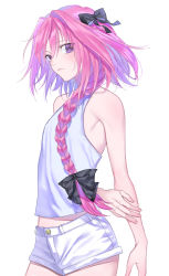 Rule 34 | 1boy, arm behind back, astolfo (fate), black bow, bow, braid, closed mouth, fate/apocrypha, fate (series), hair bow, hair intakes, hair ribbon, highres, long hair, looking at viewer, male focus, nipi27, pink hair, purple eyes, purple hair, ribbon, shirt, short shorts, shorts, sidelocks, simple background, single braid, sleeveless, sleeveless shirt, solo, trap, tress ribbon, white background, white shorts