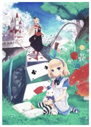 Rule 34 | 1boy, 2girls, absurdres, ace (playing card), ace of hearts, alice (alice in wonderland), alice in wonderland, animal, blonde hair, blue eyes, blush, book, boots, bow, bridal gauntlets, bridge, cane, card, castle, cliff, clock, club (shape), crown, day, diamond (shape), dodo (bird), dress, elbow gloves, fence, flower, frilled dress, frills, gears, gloves, grass, hair bow, hairband, hat, heart, high heel boots, high heels, highres, holding, holding animal, long hair, mad hatter (alice in wonderland), mary janes, mini crown, multiple girls, mushroom, neck ribbon, on grass, open book, outdoors, oversized object, pinafore dress, playing card, pocket watch, ponytail, queen of hearts (alice in wonderland), rabbit, ribbon, shadow2810, shoes, short hair, short sleeves, sitting, sky, sleeveless, sleeveless dress, smile, spade (shape), striped clothes, striped gloves, striped thighhighs, table, thighhighs, top hat, tree, very long hair, wariza, watch, water, waterfall, white rabbit (alice in wonderland)