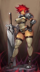 Rule 34 | 1girl, armor, bandaged arm, bandages, beige legwear, belt bra, boots, breasts, brown eyes, cameltoe, dark-skinned female, dark skin, earrings, fantasy, full body, gauntlets, gluteal fold, grey thighhighs, gurimjang, hand on own hip, high heel boots, high heels, highleg, highleg leotard, highres, huge weapon, jewelry, large breasts, leotard, long legs, looking at viewer, narrow waist, original, pauldrons, planted, planted sword, planted weapon, red-haired warrior (gurimjang), red hair, short hair, shoulder armor, shrug (clothing), solo, spiked hair, steel-toe boots, stud earrings, sword, taut leotard, thick thighs, thighhighs, thighs, weapon, wide hips, zweihander