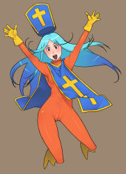 Rule 34 | 1girl, blue hair, bodysuit, breasts, cameltoe, chunsoft, dragon quest, dragon quest iii, enix, g-room honten, gloves, gradient hair, hat, latex, mitre, multicolored hair, priest (dq3), red eyes, simple background, skin tight, small breasts, solo, square enix, tabard