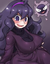 Rule 34 | 1girl, @ @, absurdres, alternate breast size, blush, breasts, covered erect nipples, creatures (company), dress, fangs, female focus, game freak, gastly, gen 1 pokemon, hex maniac (pokemon), highres, kurozu (crozu), large breasts, looking at viewer, matching hair/eyes, nintendo, open mouth, pokemon, pokemon xy, purple dress, purple eyes, purple hair, sitting, smile, solo, sweat, taut clothes, taut dress, wide hips