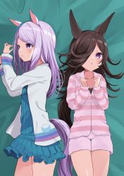 Rule 34 | 2girls, absurdres, agaki anko, animal ears, blush, brown hair, chestnut mouth, cowboy shot, hair over one eye, highres, horse ears, horse girl, horse tail, long hair, long sleeves, looking at viewer, looking away, looking to the side, mejiro mcqueen (umamusume), multiple girls, on bed, pajamas, purple eyes, purple hair, rice shower (umamusume), striped clothes, striped pajamas, tail, thigh gap, umamusume