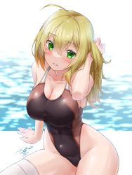Rule 34 | 1girl, ahoge, awono nanaumi, black one-piece swimsuit, borrowed character, breasts, cleavage, commentary request, competition swimsuit, green eyes, tucking hair, highleg, highleg swimsuit, highres, large breasts, long hair, one-piece swimsuit, original, sitting, solo, swimsuit, yokozuwari