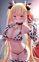 Rule 34 | 1girl, absurdres, animal print, areola slip, armpits, azur lane, balut (7676i), bare shoulders, bikini, black ribbon, blonde hair, blurry, blurry background, blush, breasts, cellphone, cleavage, closed mouth, collarbone, commentary request, cow horns, cow print, cow print bikini, cow tail, cowboy shot, elbow gloves, fake horns, fake tail, gloves, groin, hair between eyes, hair ribbon, highres, holding, holding phone, horns, indoors, large breasts, long hair, looking at viewer, midriff, navel, nelson (azur lane), nose blush, phone, print bikini, red eyes, ribbon, ringlets, selfie, side-tie bikini bottom, sidelocks, skindentation, smartphone, solo, standing, swimsuit, tail, thighhighs, twintails, very long hair, white bikini, white gloves, white thighhighs