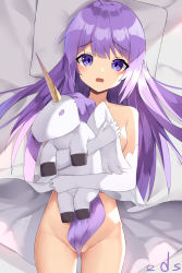 Rule 34 | 1girl, azur lane, bare shoulders, blush, breasts, collarbone, commentary request, convenient censoring, dress, elbow gloves, gloves, groin, highres, long hair, looking at viewer, lying, no panties, hugging object, on back, open mouth, pillow, purple eyes, purple hair, sakutaishi, signature, small breasts, solo, stuffed winged unicorn, unicorn (azur lane), very long hair, white dress, white gloves