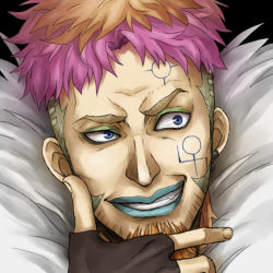 Rule 34 | 10s, 1boy, bad id, bad pixiv id, blue eyes, earrings, facial hair, facial mark, fingerless gloves, gloves, goatee, jake martinez, jewelry, kei0602, lipstick, makeup, male focus, multicolored hair, orange hair, pink hair, portrait, short hair, simple background, solo, tattoo, thinking, tiger &amp; bunny, two-tone hair