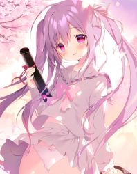 Rule 34 | 1girl, blush, bow, branch, clothes lift, commentary, flower, grey sailor collar, grey serafuku, grey shirt, grey skirt, hair between eyes, hair ribbon, head tilt, holding, long hair, long sleeves, looking at viewer, original, panties, parted lips, petals, pink bow, pink flower, pleated skirt, purple eyes, purple hair, ribbon, sailor collar, school uniform, serafuku, shiratama (shiratamaco), shirt, skirt, skirt lift, sleeves past wrists, smile, solo, standing, symbol-only commentary, tube, twintails, underwear, very long hair, white panties, white ribbon, wind, wind lift