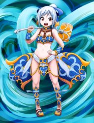 Rule 34 | 1girl, :d, armor, bare shoulders, bikini armor, blue armor, blue background, blue footwear, blue hair, blue neckwear, blue ribbon, blue theme, blush, bracer, breasts, choker, crop top, facing viewer, flat chest, full body, greaves, groin, hair ribbon, hammer, hand on own hip, happy, high ponytail, highres, holding, holding hammer, holding weapon, legs apart, loincloth, long hair, looking at viewer, meru (dragoon), midriff, navel, o-ring, o-ring top, open mouth, over shoulder, raised eyebrows, red eyes, ribbon, risutokuri, shoes, showgirl skirt, sidelocks, slippers, small breasts, smile, solo, standing, tareme, tassel, teeth, the legend of dragoon, tongue, weapon, weapon over shoulder