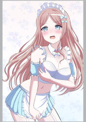 1girl apron bang_dream! bang_dream!_it&#039;s_mygo!!!!! blue_eyes blue_skirt blush border breasts brown_hair commentary_request crop_top detached_sleeves embarrassed garter_straps grey_border highres large_breasts long_hair maid maid_headdress midriff miniskirt nagasaki_soyo open_mouth partial_commentary sandman_(gm4zfijcwbz3g4y) skirt solo waist_apron white_apron