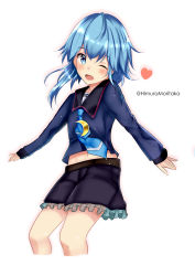 Rule 34 | 1girl, ;d, absurdres, blouse, blue eyes, blue hair, blue necktie, blue shirt, blue shorts, blush, crescent, crescent pin, feet out of frame, frilled shorts, frills, heart, highres, himura moritaka, kantai collection, long sleeves, looking at viewer, minazuki (kancolle), necktie, one eye closed, open mouth, school uniform, serafuku, shirt, shorts, simple background, smile, solo, twitter username, white background