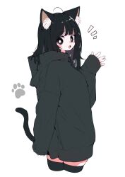 Rule 34 | 1girl, ahoge, animal ears, black eyes, black hair, black hoodie, black thighhighs, bright pupils, cat ears, cat tail, commentary request, cowboy shot, hand up, highres, hood, hoodie, long hair, looking at viewer, megateru, notice lines, open mouth, original, paw print, paw print background, simple background, sleeves past wrists, solo, tail, thighhighs, white background, white pupils, zettai ryouiki