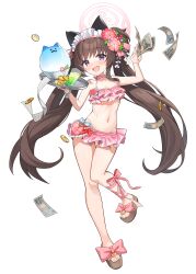 Rule 34 | 1girl, absurdres, animal ears, banknote, bead bracelet, beads, bikini, bikini skirt, blue archive, blush, bow, bracelet, breasts, brown hair, choker, cleavage, coin, commentary, fake animal ears, fang, flower, food, footwear bow, frilled bikini, frills, full body, hair flower, hair ornament, hair ribbon, halo, highres, holding, holding money, holding tray, jewelry, long hair, maid headdress, mearyo, money, navel, nose blush, open mouth, pink bikini, pink bow, pink choker, pink halo, purple eyes, ribbon, sandals, shaved ice, shizuko (blue archive), shizuko (swimsuit) (blue archive), simple background, skin fang, small breasts, solo, sweat, swimsuit, tachi-e, toes, tray, twintails, very long hair, white background, white headdress