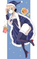 Rule 34 | 1girl, artoria pendragon (all), artoria pendragon (fate), ass, babydoll, bare shoulders, black thighhighs, blonde hair, boots, bow, breasts, burger, cape, unworn cape, christmas, collarbone, danimaru, eating, fate/grand order, fate (series), food, french fries, fur trim, gloves, hair up, hat, looking at viewer, medium breasts, ribbon, santa alter, santa costume, santa hat, short hair, sidelocks, skindentation, solo, strapless, thigh boots, thighhighs, yellow eyes