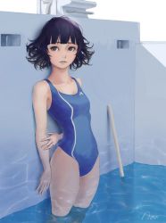 Rule 34 | 1girl, against wall, arm behind back, artist name, black hair, blue one-piece swimsuit, blunt bangs, breasts, broom, caustics, collarbone, competition swimsuit, day, empty pool, expressionless, groin, highres, hip bones, holding own arm, lips, looking at viewer, messy hair, novgorod3000, one-piece swimsuit, original, outdoors, pool, shade, short hair, signature, small breasts, solo, standing, starting block, swimsuit, wading, water