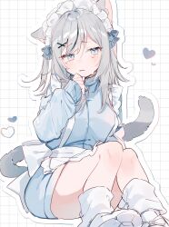 Rule 34 | 1girl, absurdres, animal ears, apron, blue eyes, cat ears, cat girl, cat tail, crying, crying with eyes open, grey hair, hair ornament, heart, highres, jacket, jersey maid, long hair, long sleeves, looking at viewer, loose socks, maid, maid apron, maid headdress, mokyuko, open mouth, original, sitting, sleeves past wrists, socks, solo, tail, tears, unconventional maid