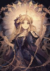 Rule 34 | 1girl, aluce, artist name, blonde hair, closed mouth, cross, dress, earrings, elbow gloves, floral print, flower, gloves, hair ornament, hair ribbon, highres, horns, jewelry, long hair, looking at viewer, looking down, original, pointy ears, puffy sleeves, ribbon, sample watermark, signature, sleeveless, smile, solo, solo focus, watermark, white gloves, yellow eyes
