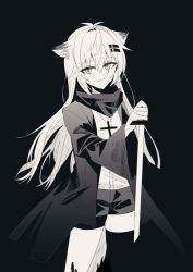 Rule 34 | 1girl, absurdres, animal ear fluff, animal ears, arknights, black background, chihuri, closed mouth, greyscale, hair between eyes, hair ornament, hairclip, highres, holding, holding sword, holding weapon, jacket, lappland (arknights), long hair, long sleeves, material growth, monochrome, open clothes, open jacket, oripathy lesion (arknights), scar, scar across eye, scar on face, shirt, short shorts, shorts, simple background, single thighhigh, smile, solo, standing, sword, thighhighs, very long hair, weapon, wide sleeves