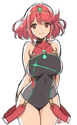 Rule 34 | 1girl, arms behind back, bare shoulders, brown eyes, collarbone, commentary request, competition swimsuit, covered navel, looking at viewer, one-piece swimsuit, pyra (pro swimmer) (xenoblade), pyra (xenoblade), red hair, saitou masatsugu, short hair, signature, simple background, smile, solo, swimsuit, tiara, white background, xenoblade chronicles (series), xenoblade chronicles 2