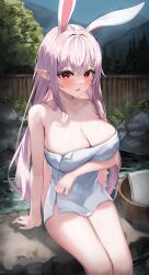 Rule 34 | 1girl, animal ears, bare shoulders, breasts, cleavage, collarbone, facial tattoo, heart, heart tattoo, highres, large breasts, long hair, looking at viewer, naked towel, night, night sky, onsen, original, outdoors, pointy ears, purple hair, rabbit ears, rabbit girl, red eyes, shuvi (shuvi1125), sitting, sky, solo, tattoo, towel, water