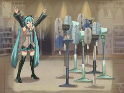 Rule 34 | 1girl, :d, ^ ^, aqua hair, aqua necktie, armpits, arms up, artist name, black skirt, black thighhighs, boots, breasts, closed eyes, collared shirt, commentary, dated, detached sleeves, digiral, electric fan, english commentary, english text, full body, grey shirt, hatsune miku, high heels, highres, indoors, long hair, necktie, open mouth, pleated skirt, pun, shadow, shirt, shop, skirt, sleeveless, sleeveless shirt, small breasts, smile, solo, standing, thigh boots, thighhighs, twintails, very long hair, vocaloid, zettai ryouiki