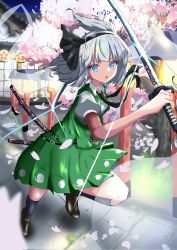Rule 34 | 1girl, black footwear, black hairband, blue eyes, cherry blossoms, collared shirt, full body, ghost, green skirt, green vest, grey hair, hairband, highres, holding, holding sword, holding weapon, katana, konpaku youmu, konpaku youmu (ghost), lamppost, lobstrater64, looking at viewer, mixed-language commentary, multiple swords, open mouth, outdoors, puffy short sleeves, puffy sleeves, sheath, shirt, short hair, short sleeves, skirt, solo, squatting, sword, touhou, vest, weapon, white shirt