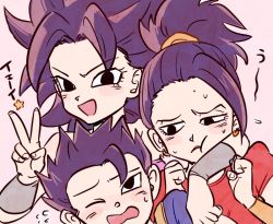 Rule 34 | 10s, 1boy, 2girls, arm on another&#039;s shoulder, black eyes, black hair, blush, dragon ball, dragon ball super, earrings, jewelry, looking at viewer, multiple girls, open mouth, pink background, ponytail, red shirt, shirt, short hair, smile, spiked hair, sweatdrop, tkgsize, v